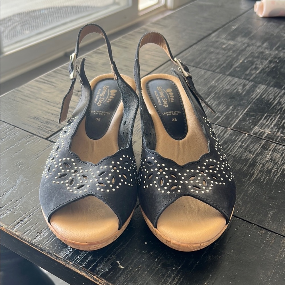 Spring Step Black Slingback Sandals with Rhinestone Embellishments